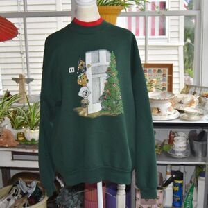 Vintage 90s Christmas Dogs Sweatshirt XL Green Puppy Tree Made USA 51 Chest
